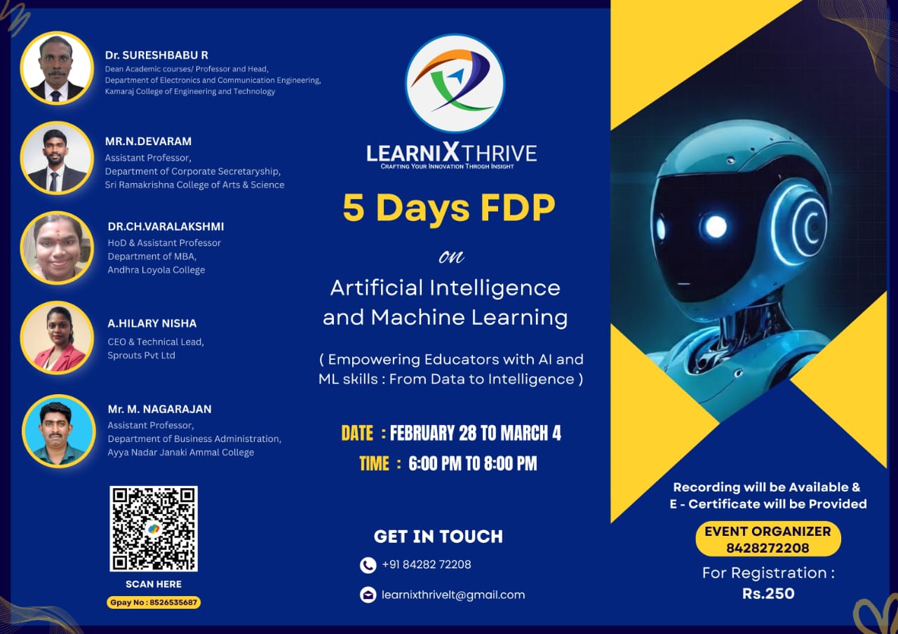 Five days FDP on Artificial Intelligence and Machine Learning ( Empowering Educators with AI and ML skills : From Data to Intelligence ) 2026 Faculty Development Program Poster 